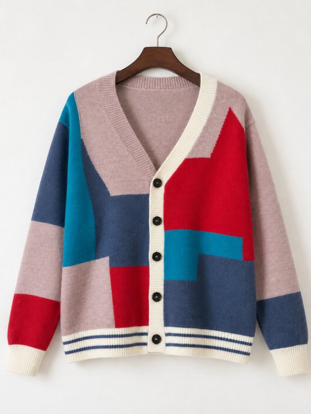 Men’s Geometric Color Block V-Neck Cardigan XL Pink Red Blue